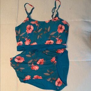 Teal Floral Bandeau Swim Set with Pink Blooms